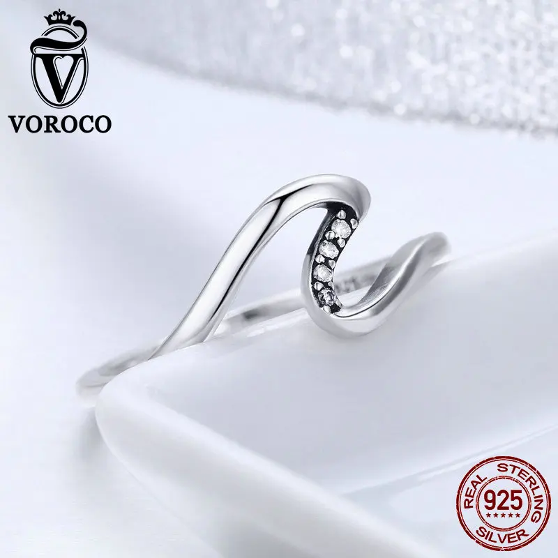 VOROCO Мода Heart Beat кольца для Для женщин 3A Циркон реального 925 пробы серебра волна