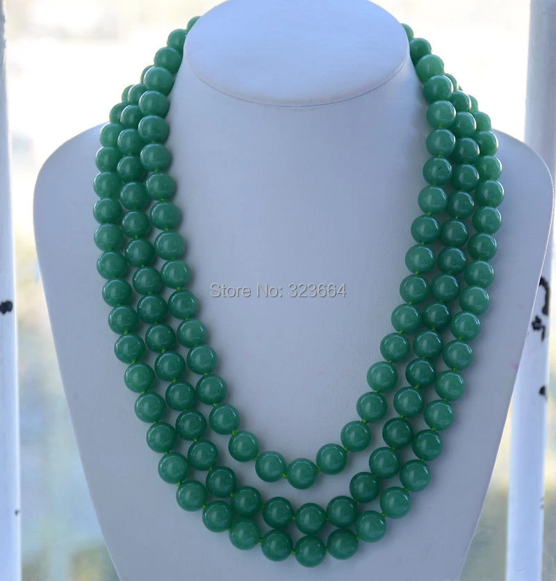 

3strands 12mm round green natural bead necklace 17inch