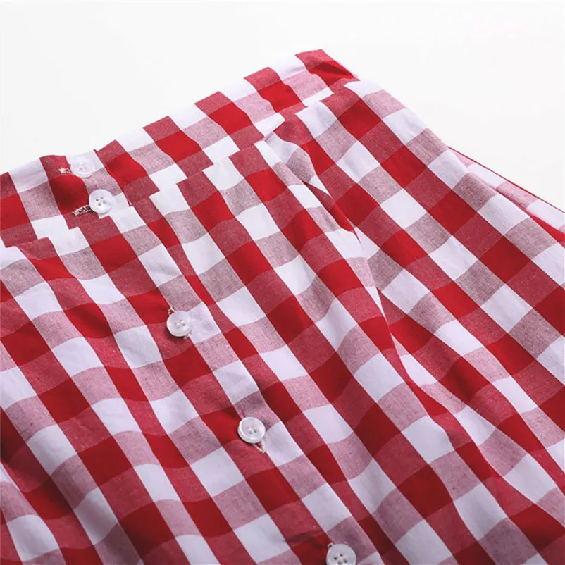 New Fashion 2018 Summer style skirts womens Plaid Casual Ruffled Button Party Slit High Waist Mid-Calf Skirt Femme Saia Y18#N (9)