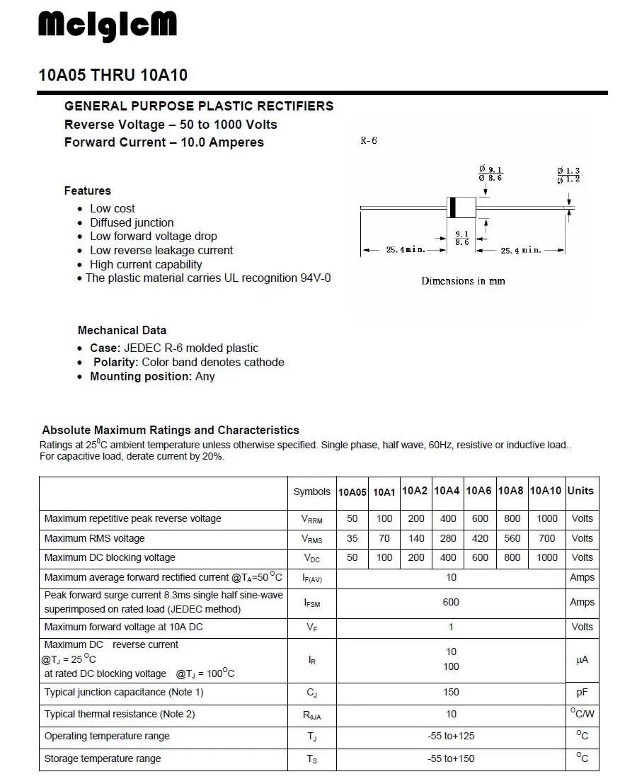 MCIGICM 20 штук выпрямительный диод 10A 1000 V R-6 10A10