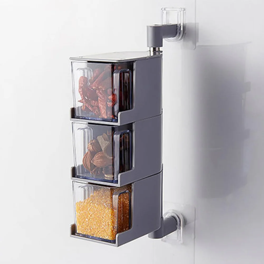 Прилипания Тип кухонные специи хранения Настенный приправа коробка Мода специй баночка практические три слоя Ротари висит коробка