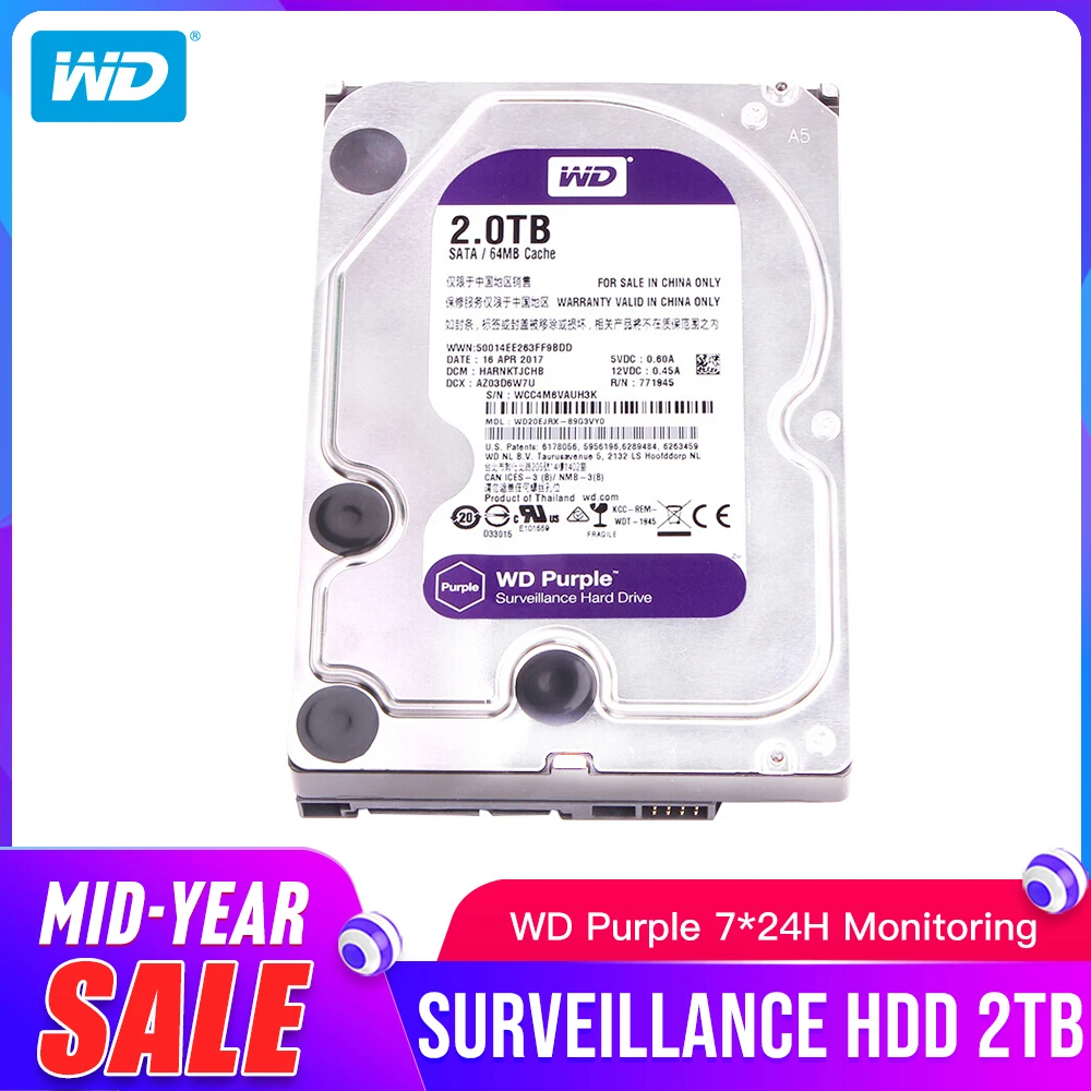 WD фиолетовый 2 ТБ HDD 64 Мб SATA 6 ГБ/s1 3 5 &quotВнутренний жесткий диск наблюдения для