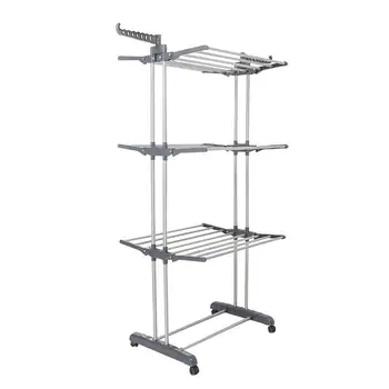 

OUNONA Folding Drying Dryer Rack Hangers 3 Tiers Clothes Laundry with Wheels Cloth Shoes Hanger