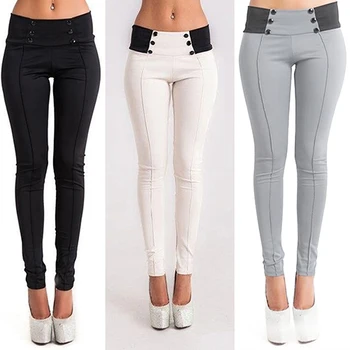 

Women Casual Stretch Skinny Low Waist Button Decor Pencil Pants Slim Trousers