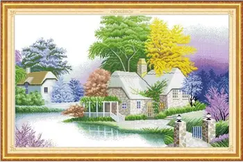 

A peaceful cabin cotton scenery cross stitch kits accurate printed embroidery DIY handmade needlework wall home decor canvas
