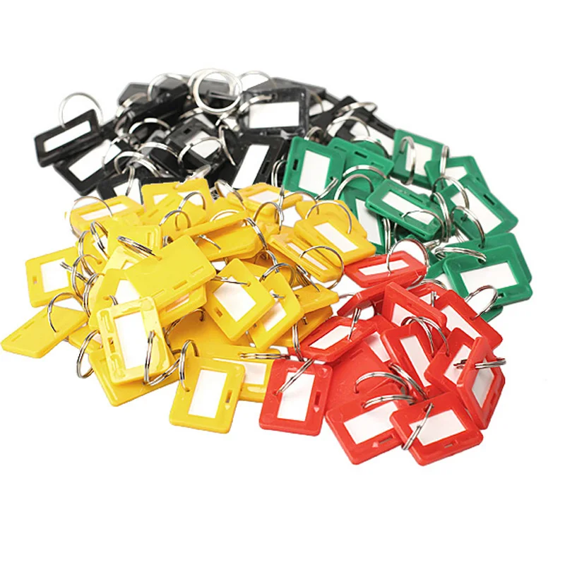 

100Pcs colorful Plastic Keychain Key Tags 5 Style ID Label Name Key Tags Split Ring