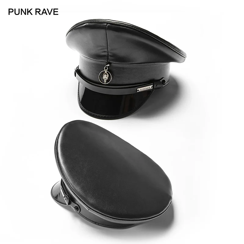 

PUNK RAVE New Unisex Punk Personality PU Balck Hats with Hardware Decoration Party Cosplay Fashion Handsome Military Cap High