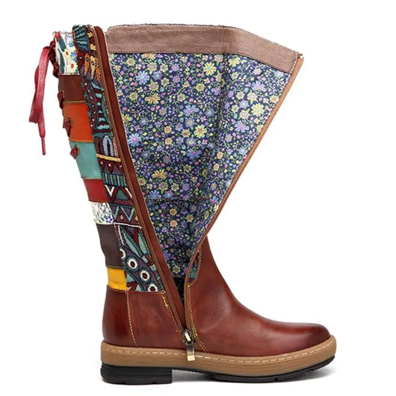 Tacón De Moda Mano Grueso Genuino A Bohemio Estilo Hechas Cálidas Otoño brown Invierno Medias Blue Botas E Cuero Mujer Z0HZd