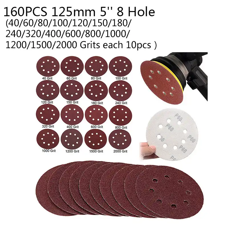 160 Pcs 5/'/' 8 Holes Hook Loop Sanding Discs 40-2000 Grit Sander Sandpaper Pads