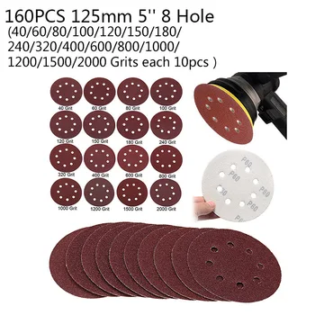 

160pcs/set 125mm 5inch Hook Loop Sanding Discs 8 Hole Pads 40-2000 Grit Sandpaper Disc Abrasives Polish Rotary Tool Accessories
