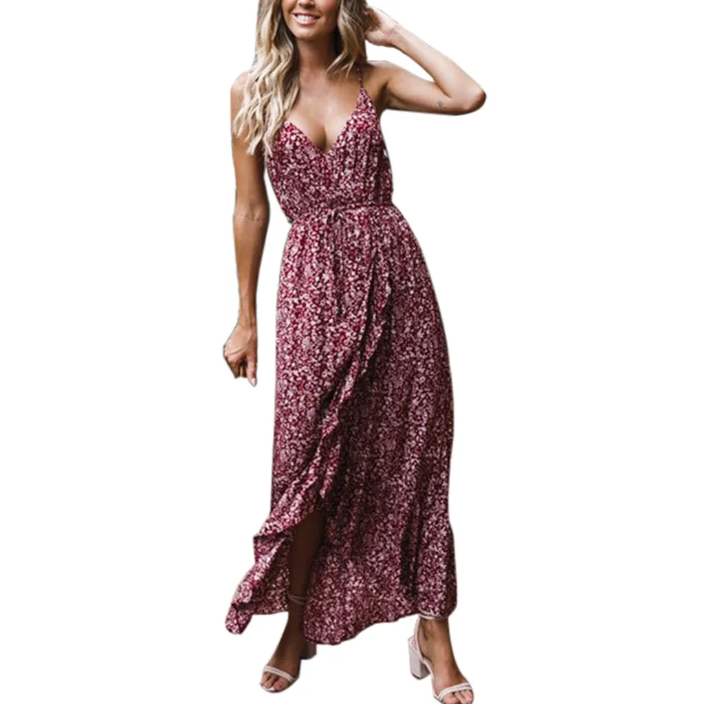 WOMAIL Women fashion Sleeveless Casual Long Dresses Beach Dresses Bohemian Printed  V-Neck Maxi  Dresses W30418