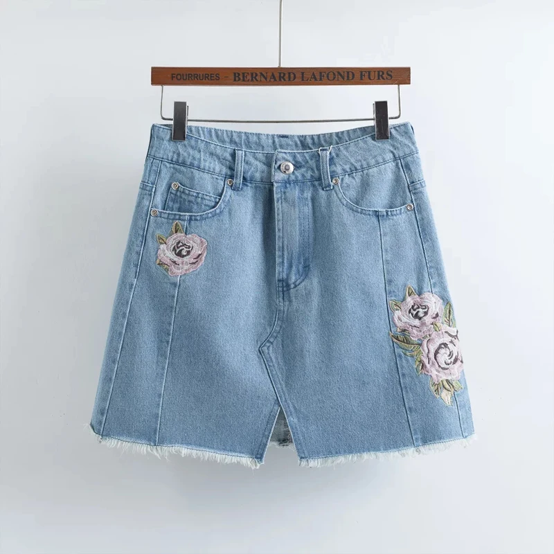 

Mini Denim Skirt Women High Waist 2017 Slit Button Zipper Pockets Front Fashion Summer Bottom Blue Floral Embroidery Skirt