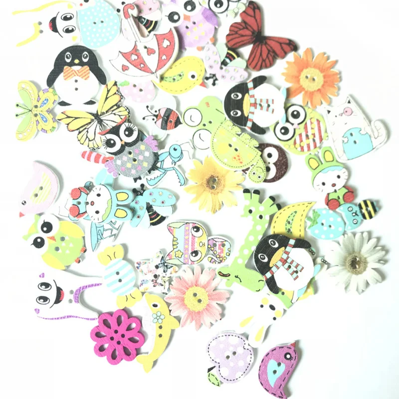 

50Pcs 2 Holes Wood Buttons Craft Handmade Scrapbooking Sewing Clothing Decorative Cartoon Animal Painted DIY Crafts Buttons