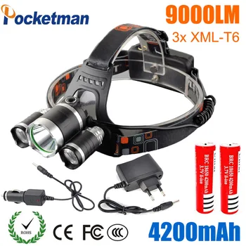 

Led Headlight Lumens T6 headlamp 3x XM-L T6 LED Head Lamp 4-mode 18650 battery Headlamp Car charger for camping/fishing