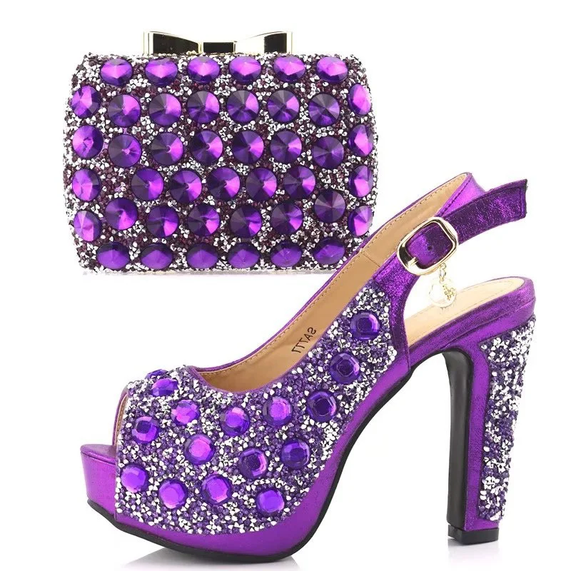 

Purple color full rhinestones sandal shoes with matching clutches bag italian newest design shoes and bag size 38-42 SB8119-1