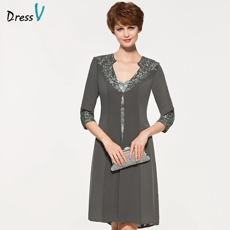 

Dressv grey knee length sweetheart neck mother of bride dress with 3/4 sleeves jacket appliques long mother evening gown custom