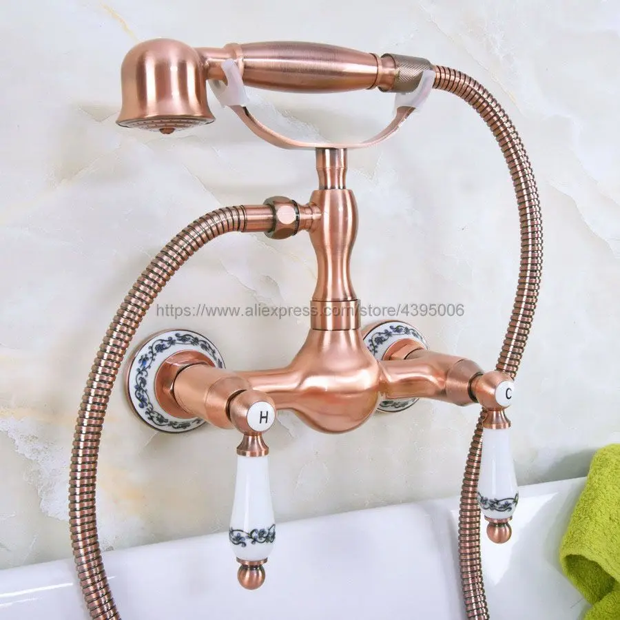 

Antique Red Copper Bathroom Shower Faucet Bath Faucet Mixer Tap With Hand Shower Head Set Wall Mounted Bna305