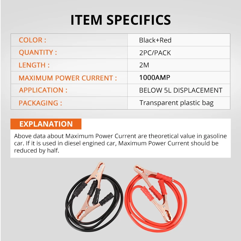 Auxmart batería Jump Cable 200 cm Heavy Duty 1000AMP energía de emergencia de carga cables de arranque de salto Car Van batería Booster Cable