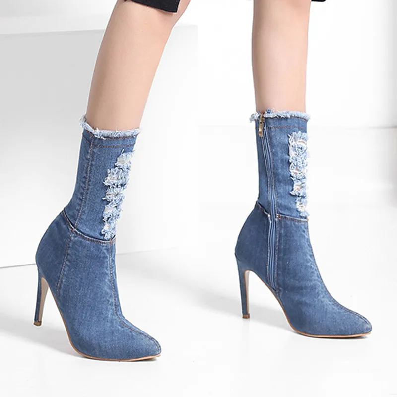 

Women Boots Denim Mid-calf Boots Sexy Women Shoes Winter Platform Rubber Sock Boots Zipper Scarpe Donna High Heels Fashion 2018