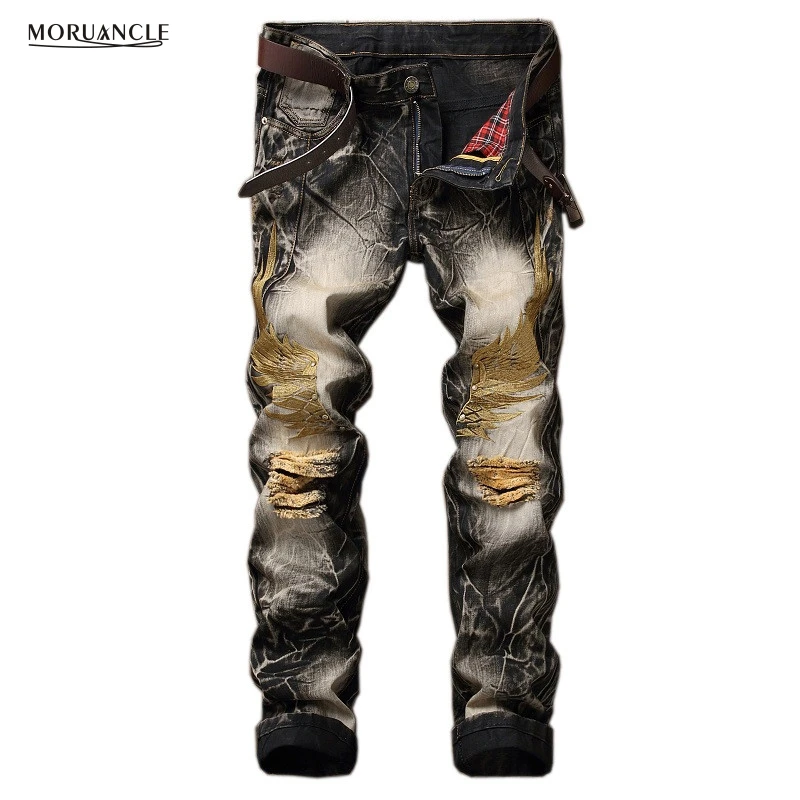 

MORUANCLE Men's Ripped Jeans Pants Wings Embroidery Fashion Vintage Distressed Denim Trousers Hole Jogger Jeans Plus Size 29-42