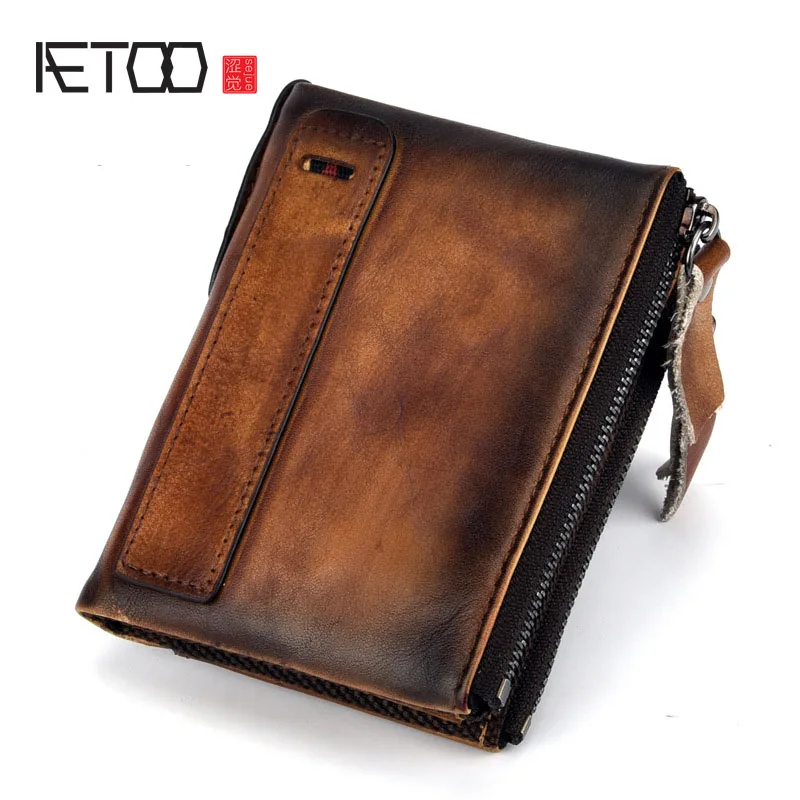 AETOO мужской кошелек короткий абзац ручной работы цветной кожаный Повседневный Ретро кожаный мужской большой емкости двойной молнии кошелек