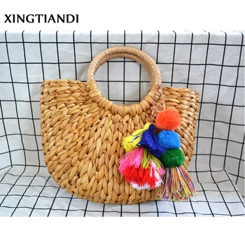 

Women Straw Bag Wrapped Beach Bag Handmade Bag Pompon Beach Weaving Ladies Moon shaped Bag Rattan handbags