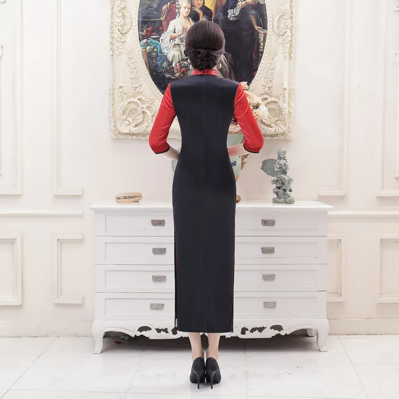 Традиционные длинные Вельветовое платье Для женщин Китайский Cheongsam