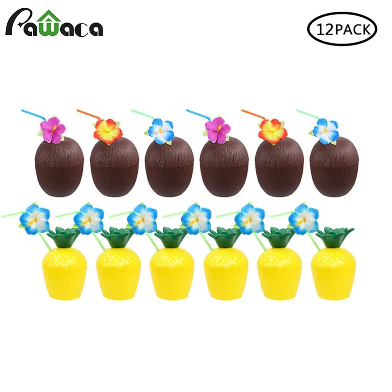 

12Pcs/Lot Pineapple Coconut Cups Fruit Shape Juice Party Drinking Cups with Flower Straws for Hawaiian Luau Summer Beach Party
