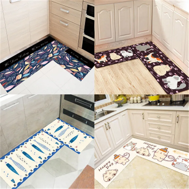 Anti Slip Floor Rug For Kitchen Cartoon Large Small Kitty Fish