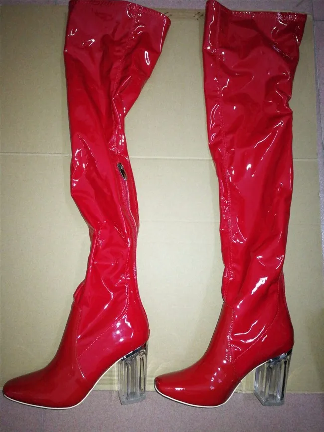 Красивые женские облегающие высокие сапоги 9 см высокий каблук из плексигласа выше колена обувь знаменитостей Прозрачный каблук красный синий черный размер 35-42