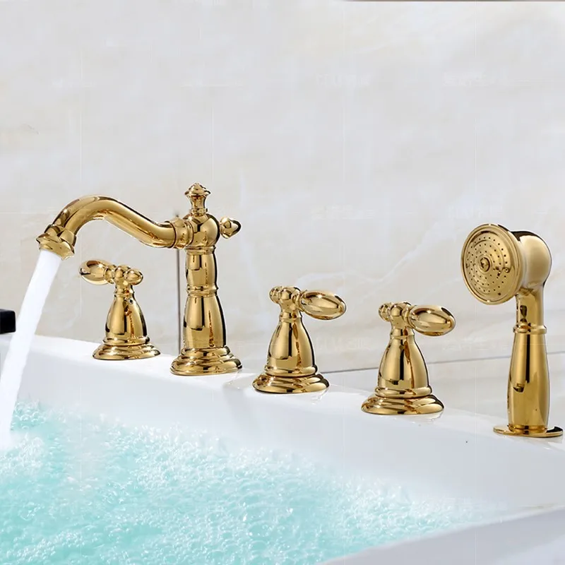 Латунный Смеситель для ванны золото/из розового золота, для ванной смеситель для душа пять отверстий смеситель для холодной и горячей воды с ручной душевой головкой
