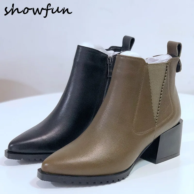 

Women's Genuine Leather Autumn Med Heel Ankle Boots Brand Designer Pointed Toe Short Booties Rivet Punk Female Footwear Shoes