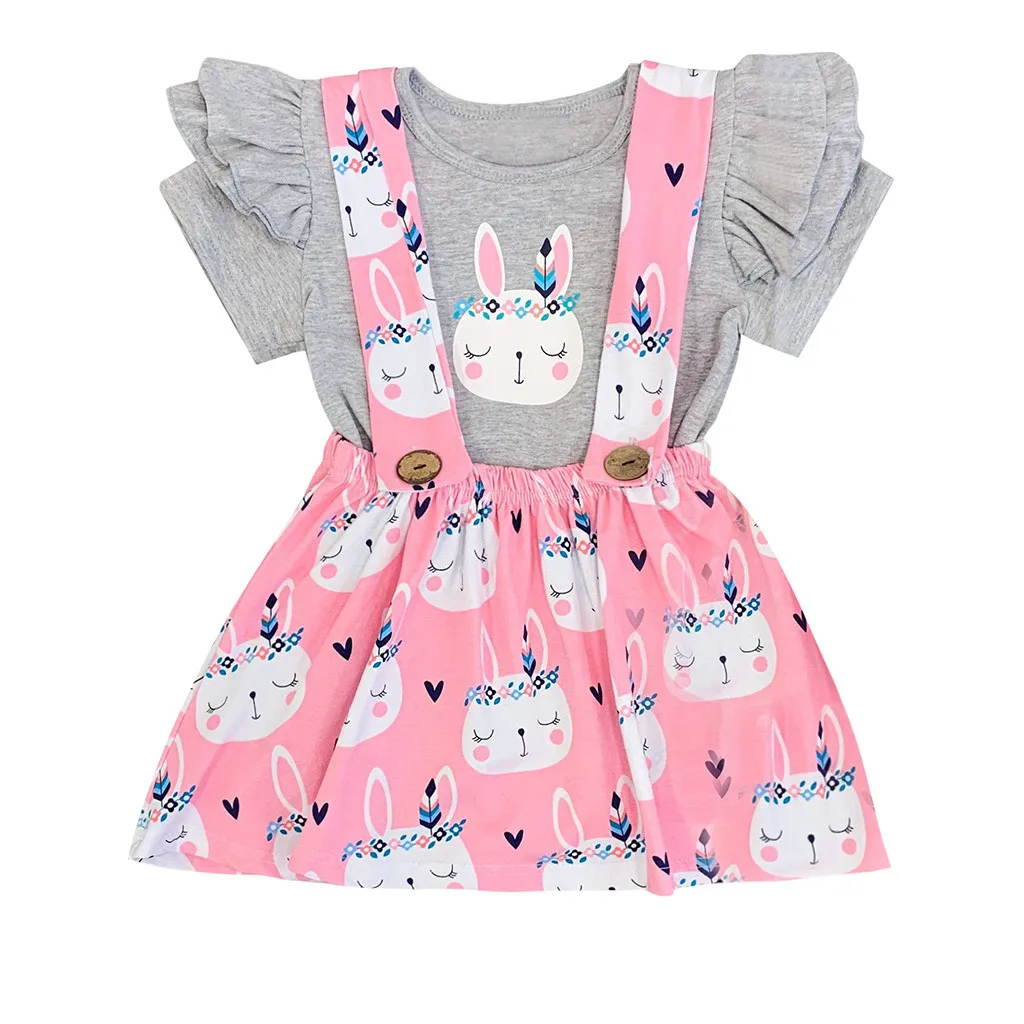 Toddler Baby Kids Girls Easter Rabbit Bunny Ruffle Gray Tops Print