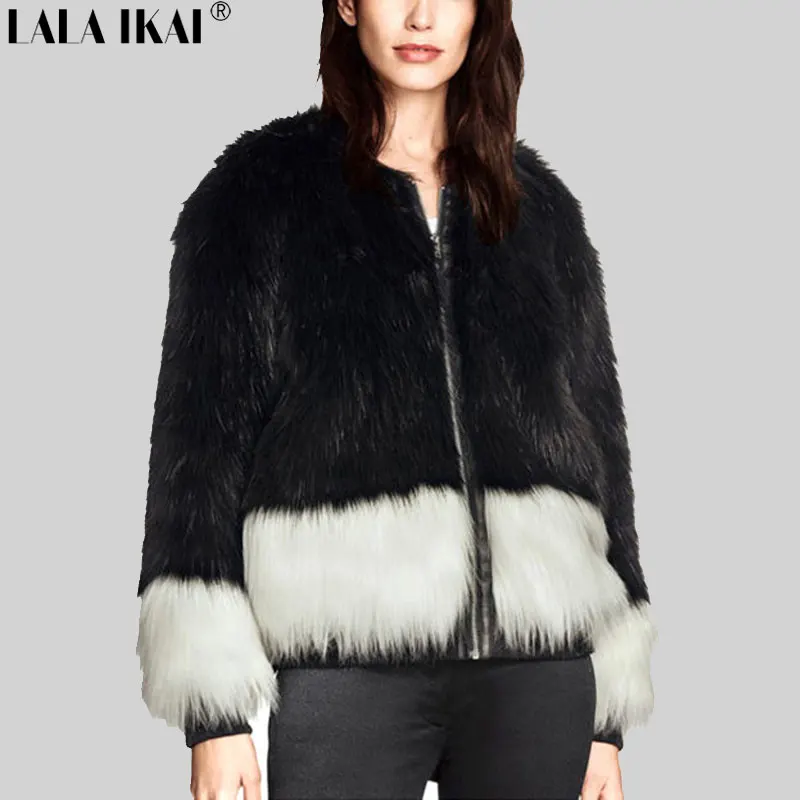 Women Winter Fur Coats Warm Jacket Blacke&White Spliced Fur Coats Lady
