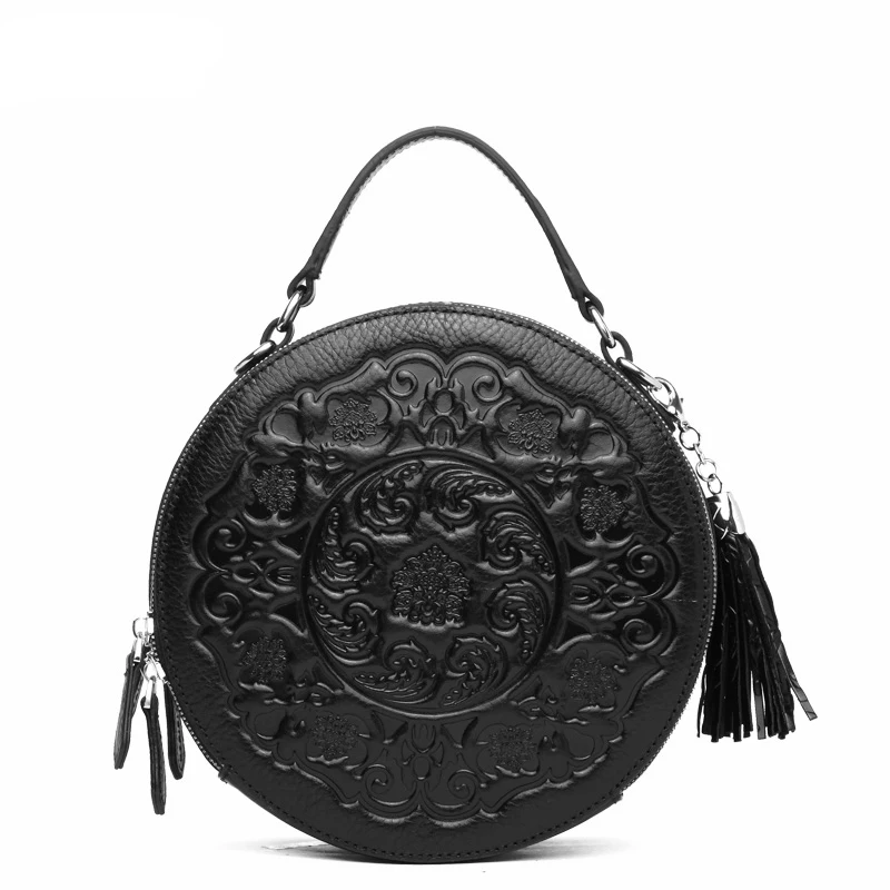 Для женщин Tote Crossbody круговые сумки тиснением китайский стиль кисточкой сумка