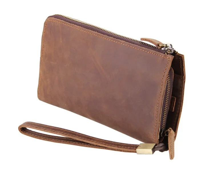 Top quality vintage long brown color crazy horse genuine leather men wallets clutch bag big ...