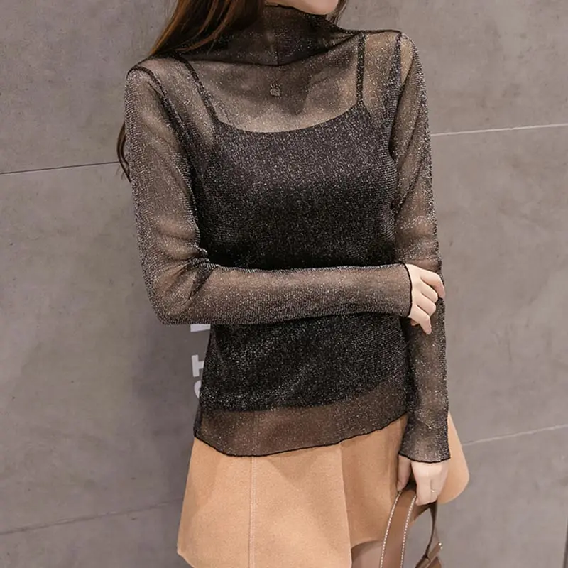 

Women Bottoming Shirt Long Sleeve 2019 New Solid Color Gold And Silver Silk Bright Mesh Yarn Slim High Collar Lace Tops HJ245