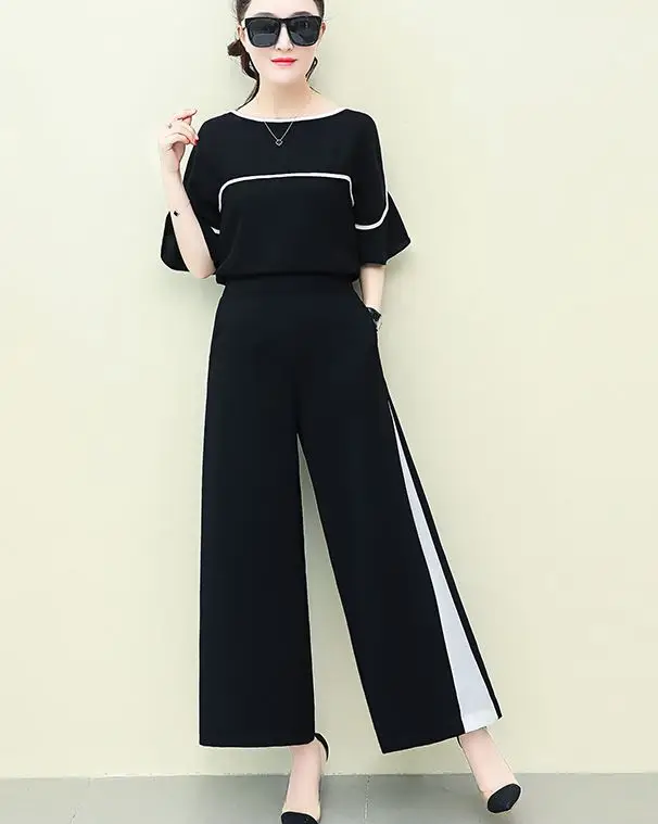 

New 2018 Summer Women White Blouse And Black Wide-Legged Pants Suit Chiffon Two-Piece Womens Fashion Outfit Casual Suit S - XXL