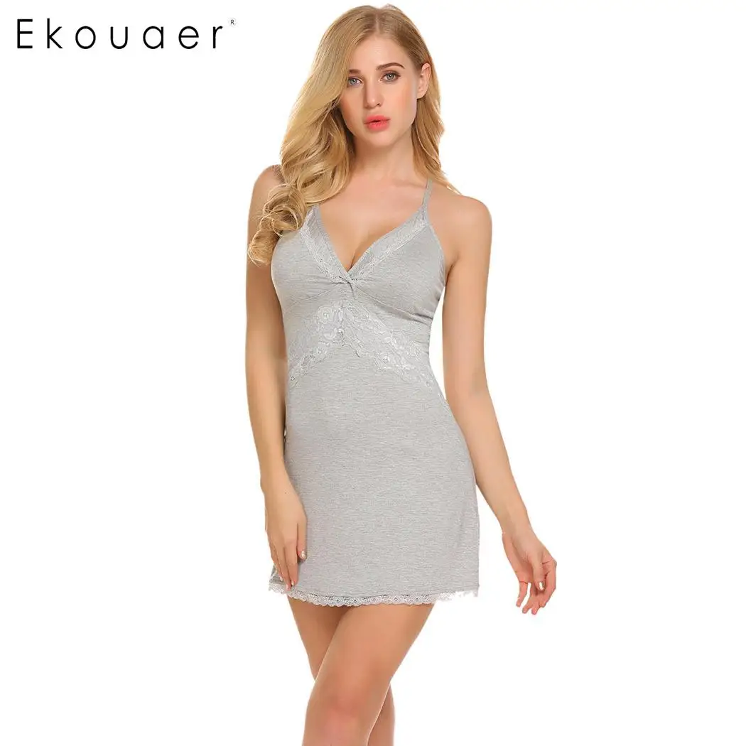 

Ekouaer Sexy Chemise Nightdress Nighty Lingerie Sleepwear Women Lace Patchwork Babydoll Night Dress With G-String Nightwear