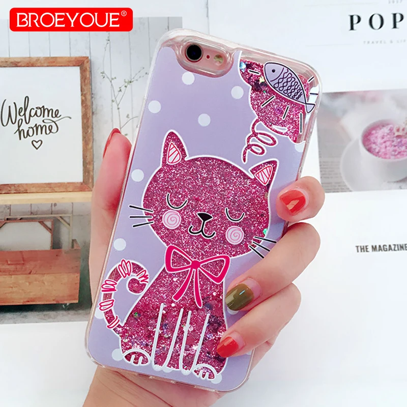 Small Cats Pattern Phone Case For iPhone 6 6S Quicksand Glitter Liquid Cover Transparent Shockproof | Мобильные телефоны и