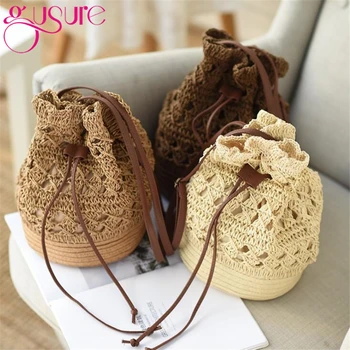 

Gusure Trendy Hot Crochet Hollow Bucket Crossbody Bag Summer Holiday Girls Shoulder Bags Travel Straw Drawstring Casual Handbag