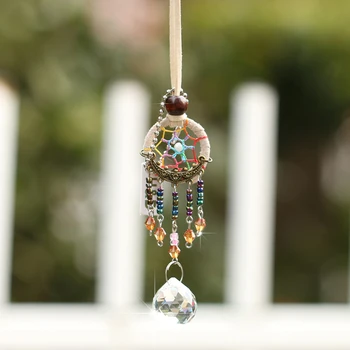 

H&D Dream Catchers Car Charms for Rear View Mirror for Women with Crystal Ball Prism - Women's Dreamcatcher Necklace (Beige)