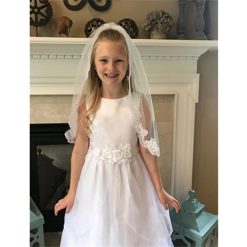

2019 ISHSY Wedding Flower Girls First communion Veils Children Kids Applique Edge Tulle Veil Voile Fille Mariage velo de Novia