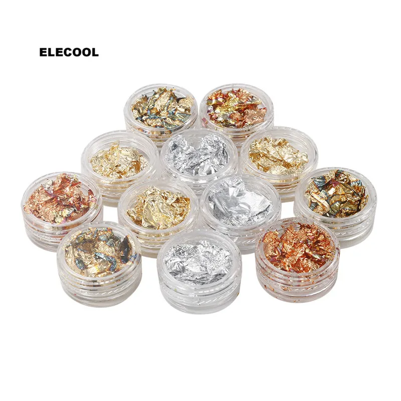 

ELECOOL 12boxs Nail Art Gold Silver Foil Flake Chip Stickers Polish Glitter Nail Art Decoration Manicure Stickers for Nail