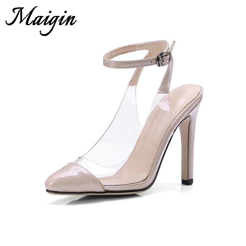 Maigin 2018 Summer Transparent Shoes Real Stitching Leather Sandals Women Buckle Strap High Heels Ladies Sandals Footwear Women