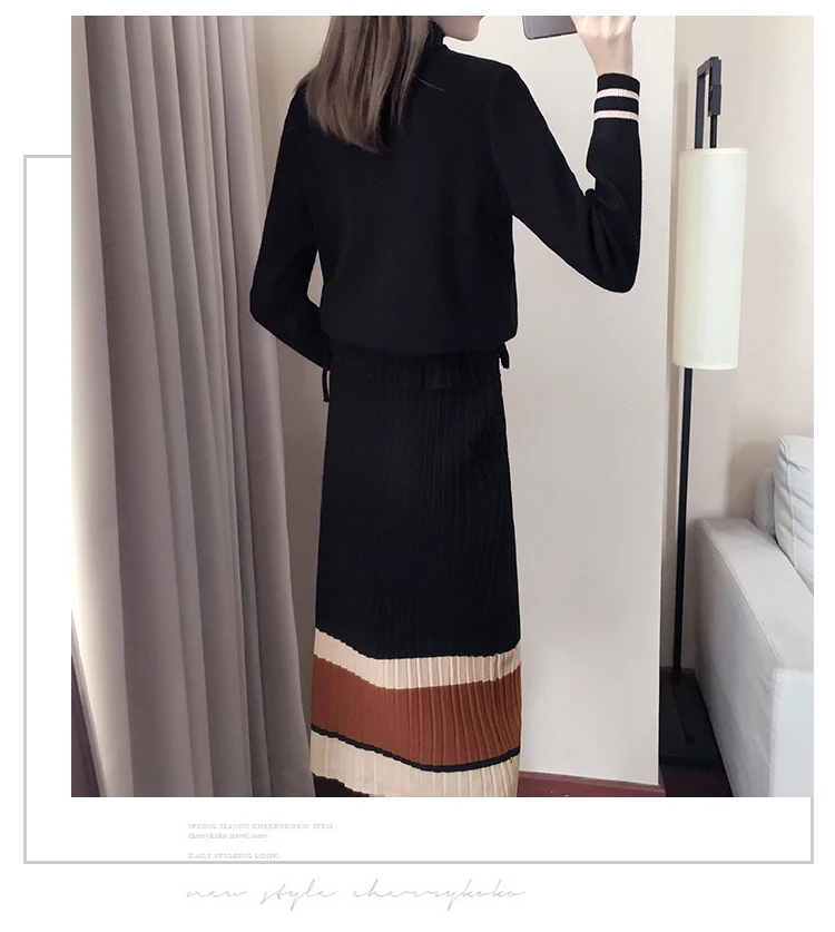 Вязание комплект из двух предметов платье Для женщин осень полосатый пуловер с длинными рукавами трикотажные высокий воротник свитер юбка