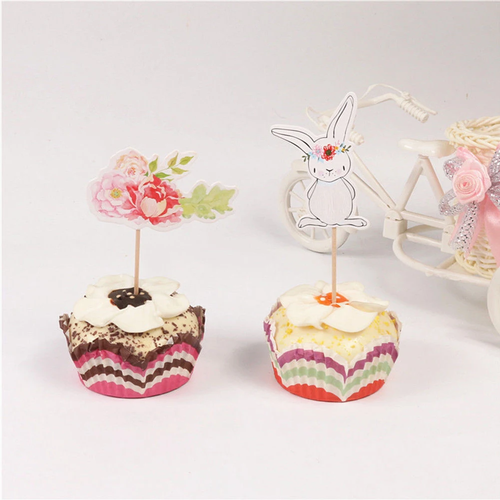 

Cute Wedding Bunny Flowers Birthday Cartoon Party Supplies Paper Cake Pick Inserted Cards Cupcake Decor Toppers Easter 24pcs/set