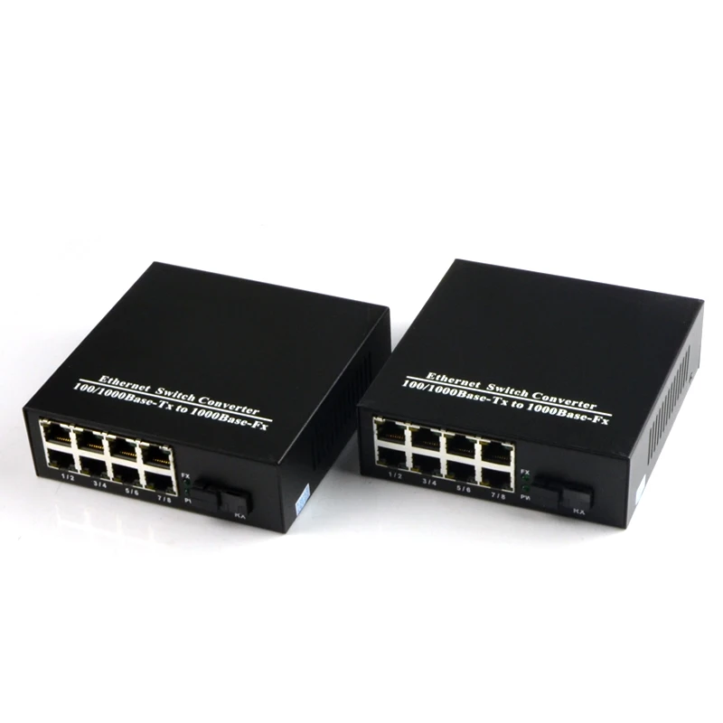 Медиаконвертер оптоволоконный Ethernet 1 пара 10/100 Мбит/с Gigabite одномодовый с 8 RJ45 UTP и SC