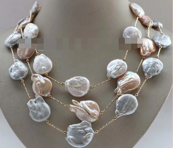 

N3660 3rows Natural 21mm White Pink Gray Reborn Keshi Pearl Necklace chain 14k % Discount AAA
