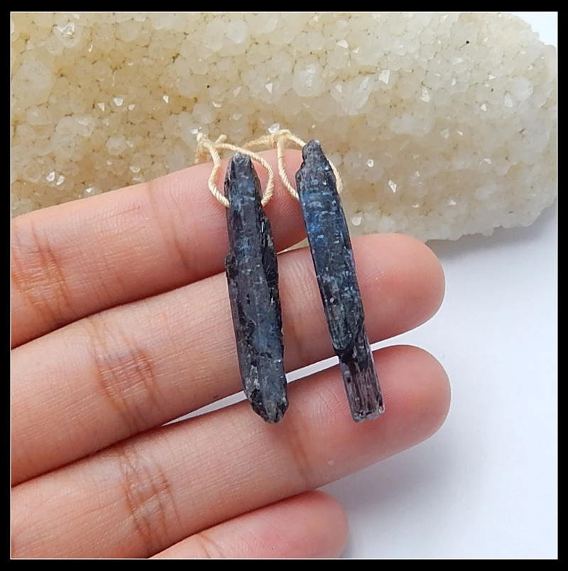 

Sales 1Pairs Natural Stone Blue Kyanite Gemstone Fashion Earrings For Women 37x5x4mm 3.7g